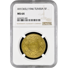 Tunisia 5 francs 1946, NGC MS64, "French protectorate (1890 - 1957)"