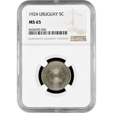 Uruguay 5 centesimos 1924, NGC MS65, "Peso (1862 - 1974)"