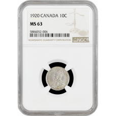 Canada 10 cents 1920, NGC MS63, "King George V (1911 - 1936)"