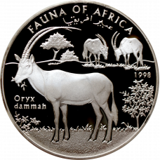 Somalia 10.000 shillings 1998, PROOF, "Fauna of Africa - Oryx Dammah"