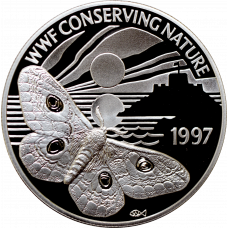 Guernsey 2 pounds 1997, PROOF, "WWF Conserving Nature - Emperor Moth"