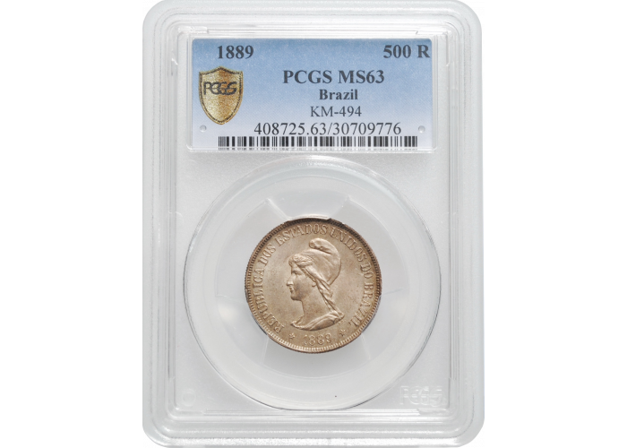 Бразилия 500 рейсов 1889 г., PCGS MS63, "Первая Республика (1889 - 1942)"