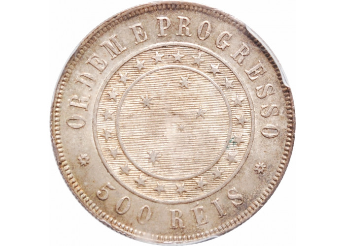 Бразилия 500 рейсов 1889 г., PCGS MS63, "Первая Республика (1889 - 1942)"