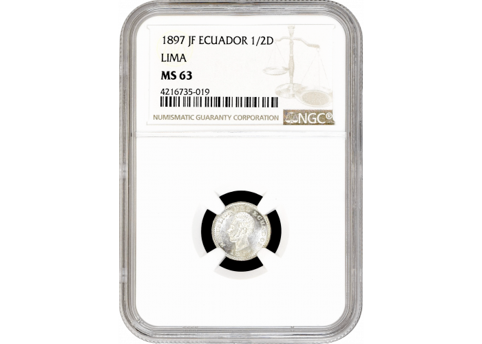 Ecuador 1/2 decimos 1897 JF, NGC MS63, "República del Ecuador (1872 - 1918)"