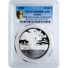 Эстония 10 крон 2008 г., PCGS PR69, "90 лет Эстонской Республике"