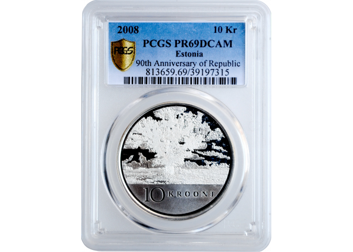 Эстония 10 крон 2008 г., PCGS PR69, "90 лет Эстонской Республике"