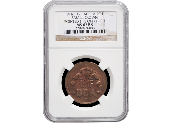 Германская Восточная Африка 20 геллеров 1916 г. T, NGC MS62 BN, "Аверс B и Реверс B"