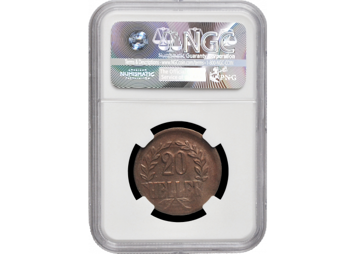 Германская Восточная Африка 20 геллеров 1916 г. T, NGC MS62 BN, "Аверс B и Реверс B"