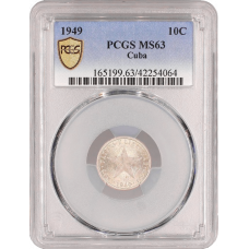 Куба 10 сентаво 1949 г., PCGS MS63, "Республика Куба (1915 - 1961)"