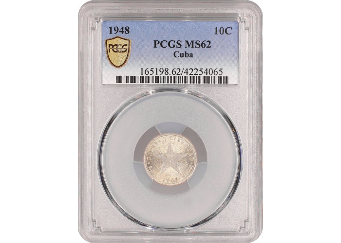 Куба 10 сентаво 1948 г., PCGS MS62, "Республика Куба (1915 - 1961)"