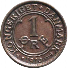 Denmark 1 ore 1910 VBP, XF, "King Frederick VIII (1906 - 1912)"