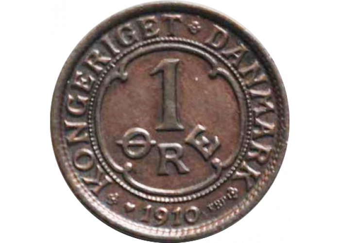 Denmark 1 ore 1910 VBP, XF, "King Frederick VIII (1906 - 1912)"