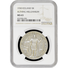 Iceland 5 kronur 1930, NGC MS63, "1000th Anniversary - Althing"