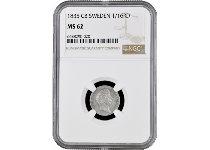 Schweden 1/16 Riksdaler 1835 CB, NGC MS62, "König Karl XIV Johann (1818 - 1844)"