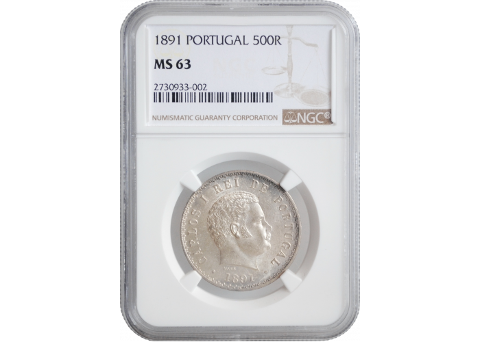 Португалия 500 рейсов 1891 г., NGC MS63, "Король Карлуш I (1889 - 1908)"