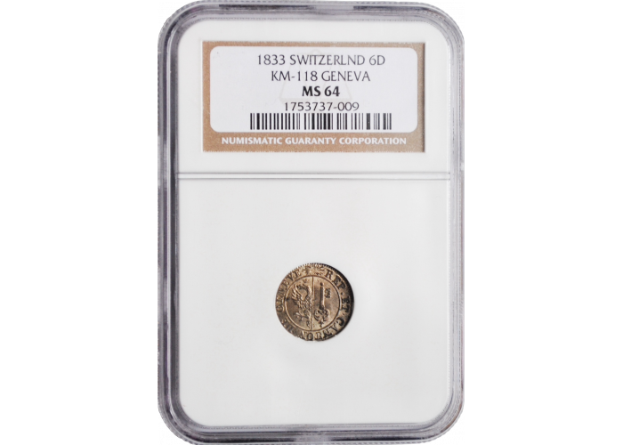 Swiss Cantons 6 deniers 1833, NGC MS64, "Canton of Geneva (1814 - 1838)"