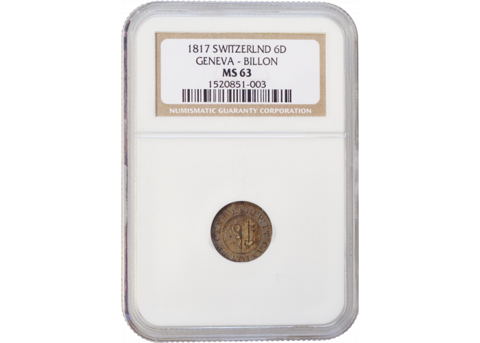 Swiss Cantons 6 deniers 1817, NGC MS63, "Canton of Geneva (1814 - 1838)"