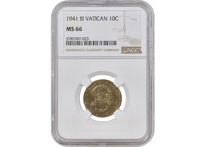 Ватикан 10 чентезимо 1941 г., NGC MS66, "Папа Пий XII (1939 - 1958)"