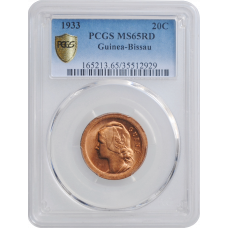 Гвинея-Бисау 20 сентаво 1933 г., PCGS MS65 RD, "Португальская колония (1933 - 1974)"