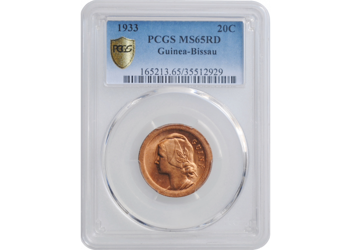 Гвинея-Бисау 20 сентаво 1933 г., PCGS MS65 RD, "Португальская колония (1933 - 1974)"