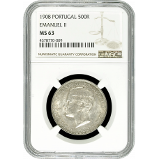 Portugal 500 Reis 1908, NGC MS63, "König Manuel II (1908 - 1910)"