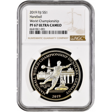 Fiji 1 dollar 2019, NGC PF67 UC, "World Championship - Handball"