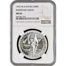 Western Africa States 500 francs 1972, NGC MS65, "Monetary Union" silver coin