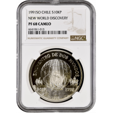 Chile 10000 pesos 1991, NGC PF68 UC, "500th Anniversary - Discovery of America"