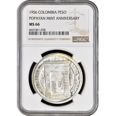 Colombia 1 peso 1956, NGC MS66, "200th Anniversary - Popayan Mint"