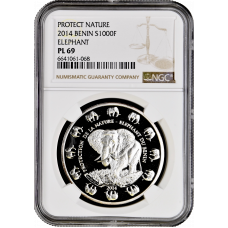 Benin 1000 francs 2014, NGC PL69, "Nature Protection - Elephant of Benin"