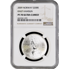 Norwegen 200 Kronen 2009, NGC PF70 UC, "150. Jahrestag - Geburt von Knut Hamsun"