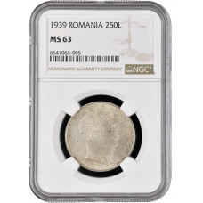 Romania 250 lei 1939, NGC MS63, "King Carol II (1930 - 1940)" silver coin