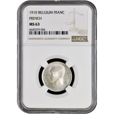 Belgium 1 franc 1910 DES, NGC MS63, "King Albert I (1910 - 1934)"