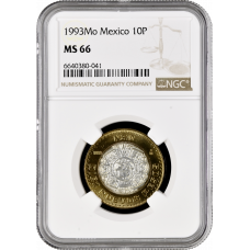 Mexico 10 pesos 1993 Mo, NGC MS66, "United Mexican States (1992 - 2023)"