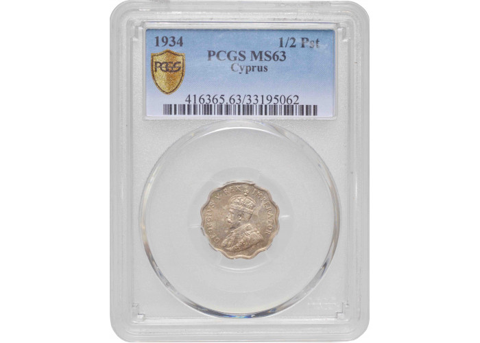 Кипр 1/2 пиастра 1934 г., PCGS MS63, "Король Георг V (1911 - 1936)"