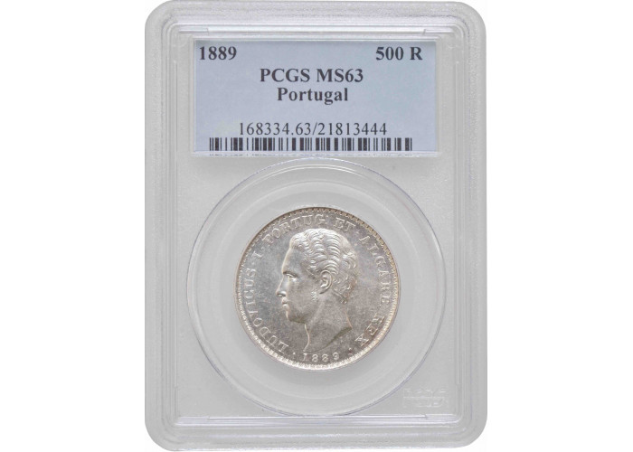 Португалия 500 рейсов 1889 г., PCGS MS63, "Король Луиш I (1861 - 1889)" Top Pop