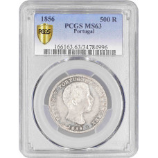 Португалия 500 рейсов 1856 г., PCGS MS63, "Король Педру V (1853 - 1861)"