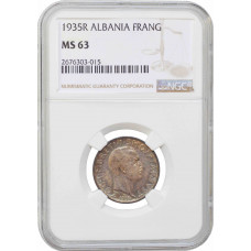 Albania 1 frang ar 1935 R, NGC MS63, "King Zog I (1928 - 1939)"