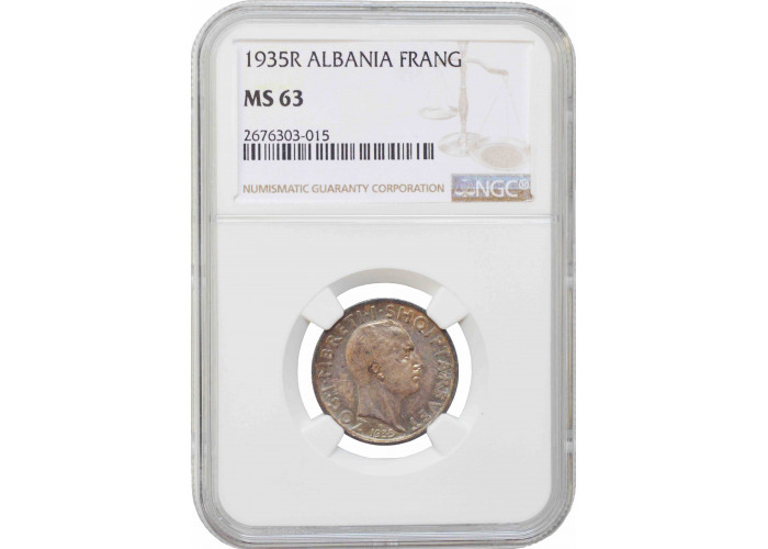 Албания 1 франг 1935 г. R, NGC MS63, "Король Зогу I (1928 - 1939)"