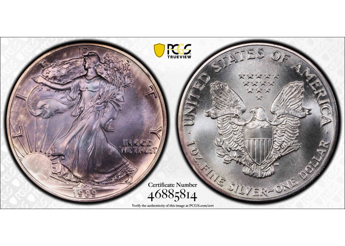 USA 1 Dollar 1989, PCGS MS68, "American Silber Eagle" REGENBOGENTÖNT