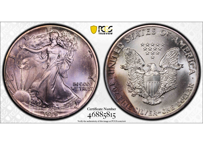 USA 1 Dollar 1989, PCGS MS67, "American Silber Eagle" REGENBOGENTÖNT