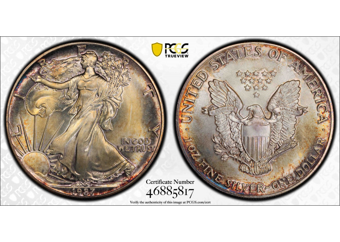 USA 1 Dollar 1987, PCGS MS66, "American Silber Eagle" REGENBOGENTÖNT