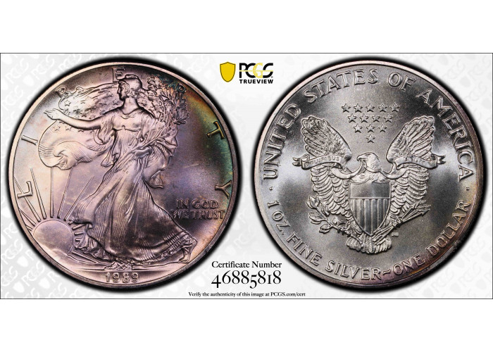 USA 1 Dollar 1989, PCGS MS68, "American Silber Eagle" REGENBOGENTÖNT