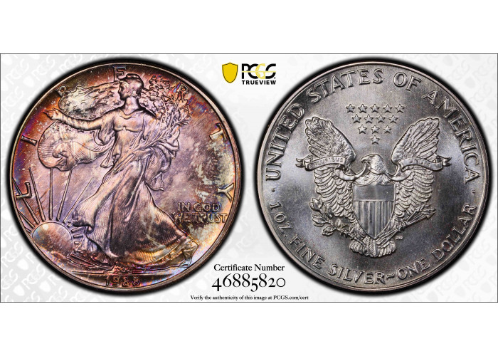 USA 1 Dollar 1988, PCGS MS66, "American Silber Eagle" REGENBOGENTÖNT