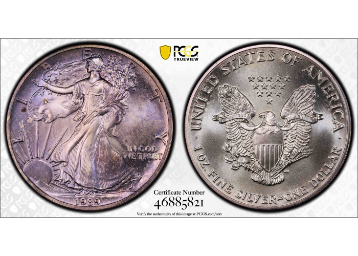 США 1 доллар 1989 г., PCGS MS67, "Американский серебряный орёл" ПАТИНИРОВАННАЯ