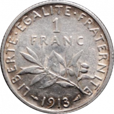 Франция 1 франк 1913 г.,  XF, "Третья Республика (1870 - 1941)"