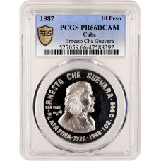 Cuba 10 pesos 1987, PCGS PF66 DCAM, "60th Anniversary - Birth of Che Guevara"