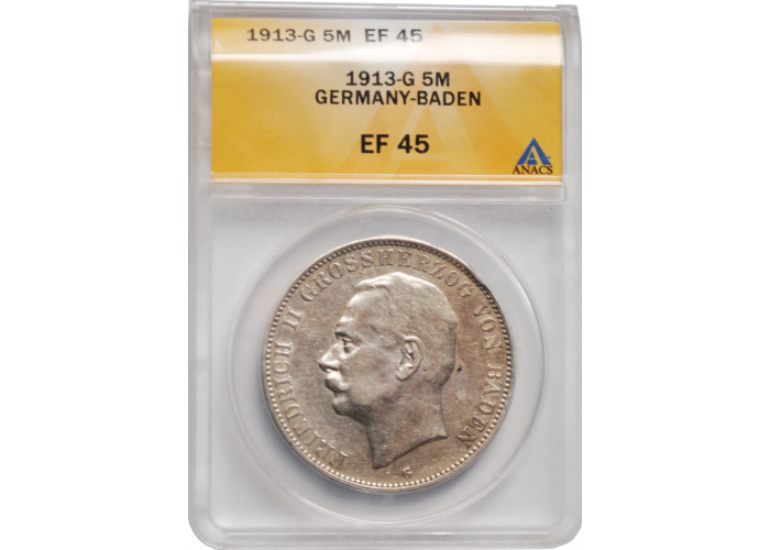 Baden 5 Mark 1913, ANACS EF45, "Grosherzog Friedrich II (1907 - 1918)"