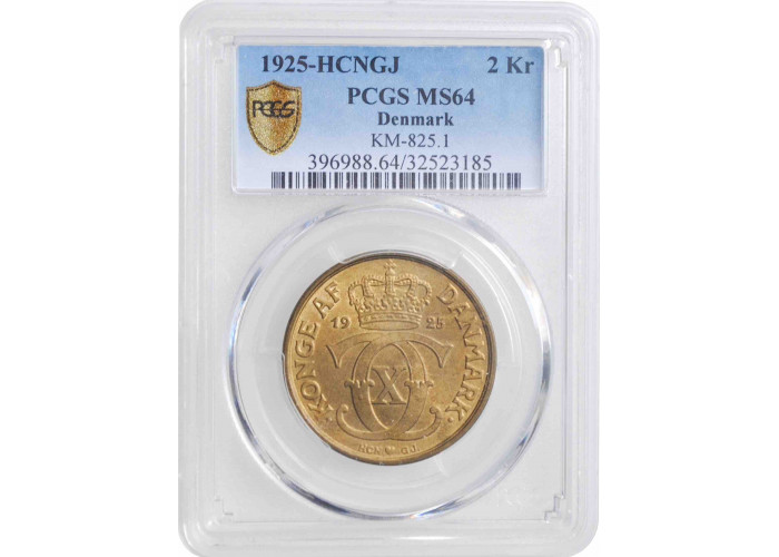 Дания 2 кроны 1925 г. HCN, PCGS MS64, "Король Кристиан X (1912 - 1947)"