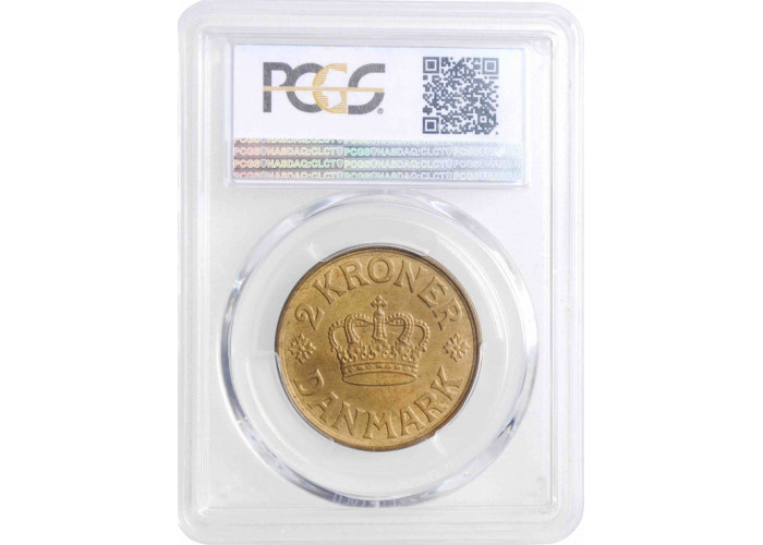 Дания 2 кроны 1925 г. HCN, PCGS MS64, "Король Кристиан X (1912 - 1947)"